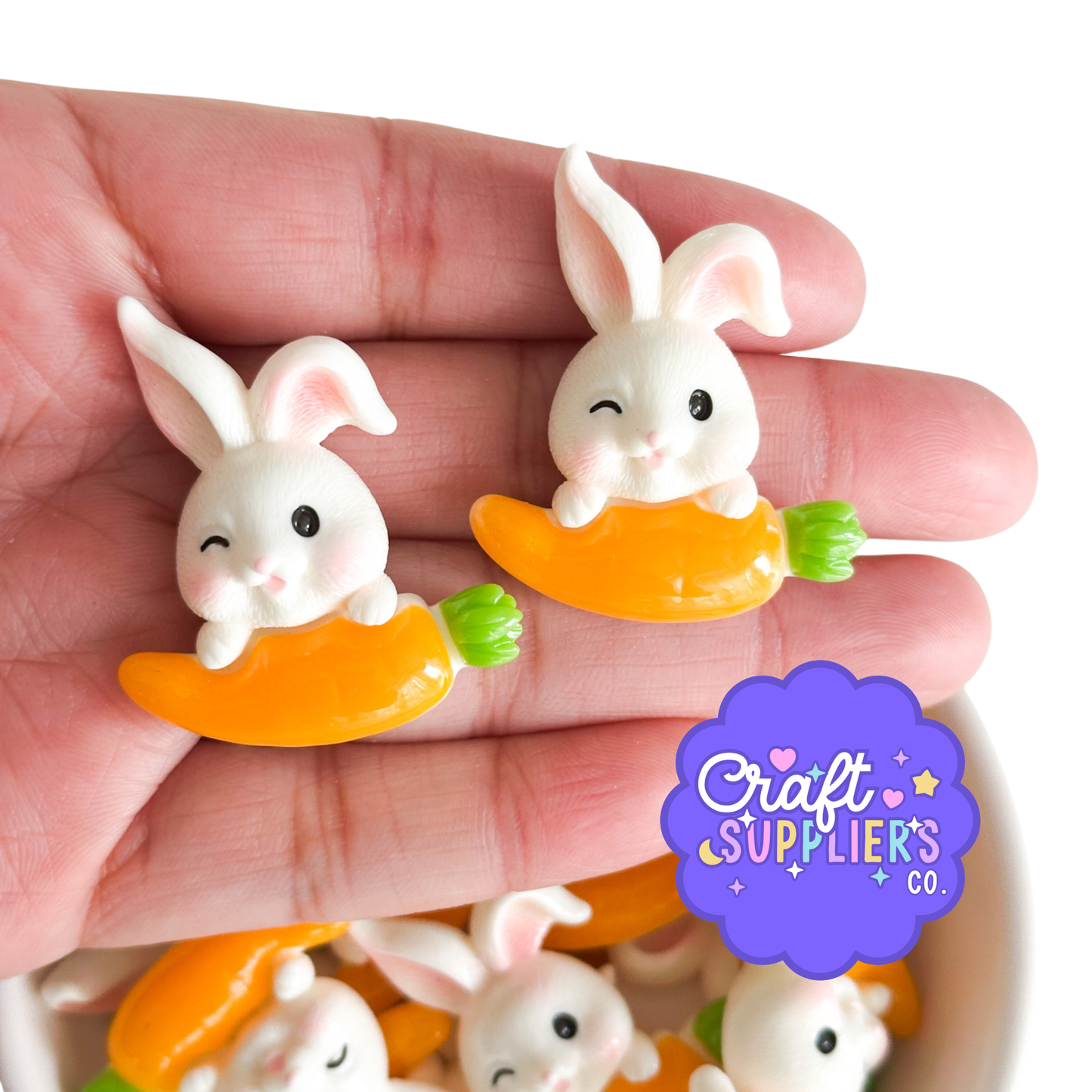 Cute Bunny on Carrot Flat Back Resin Cabochons – 30mm (1.18") Easter Rabbit Charms for Hair Bows, Decoden, Scrapbooking & DIY Crafts – 5 Pieces