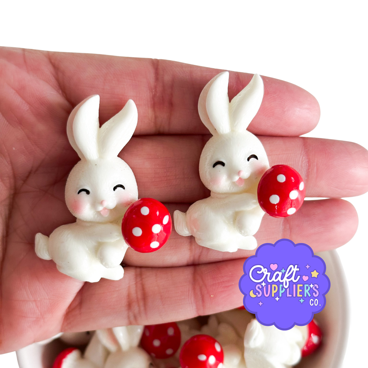 40mm Bunny Holding Mushroom Resin Flat Back Cabochons, Cute Rabbit Cabochons, Fairy Garden Embellishments, Kawaii Resin Craft Supplies, 5 Pieces
