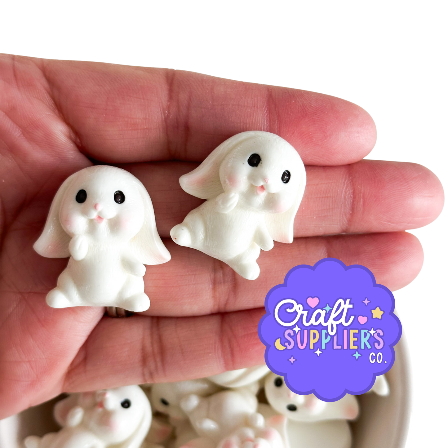 Cute White Bunny Resin Flatback Charms | Kawaii Rabbit Cabochons | 5 Pieces | 30x40mm
