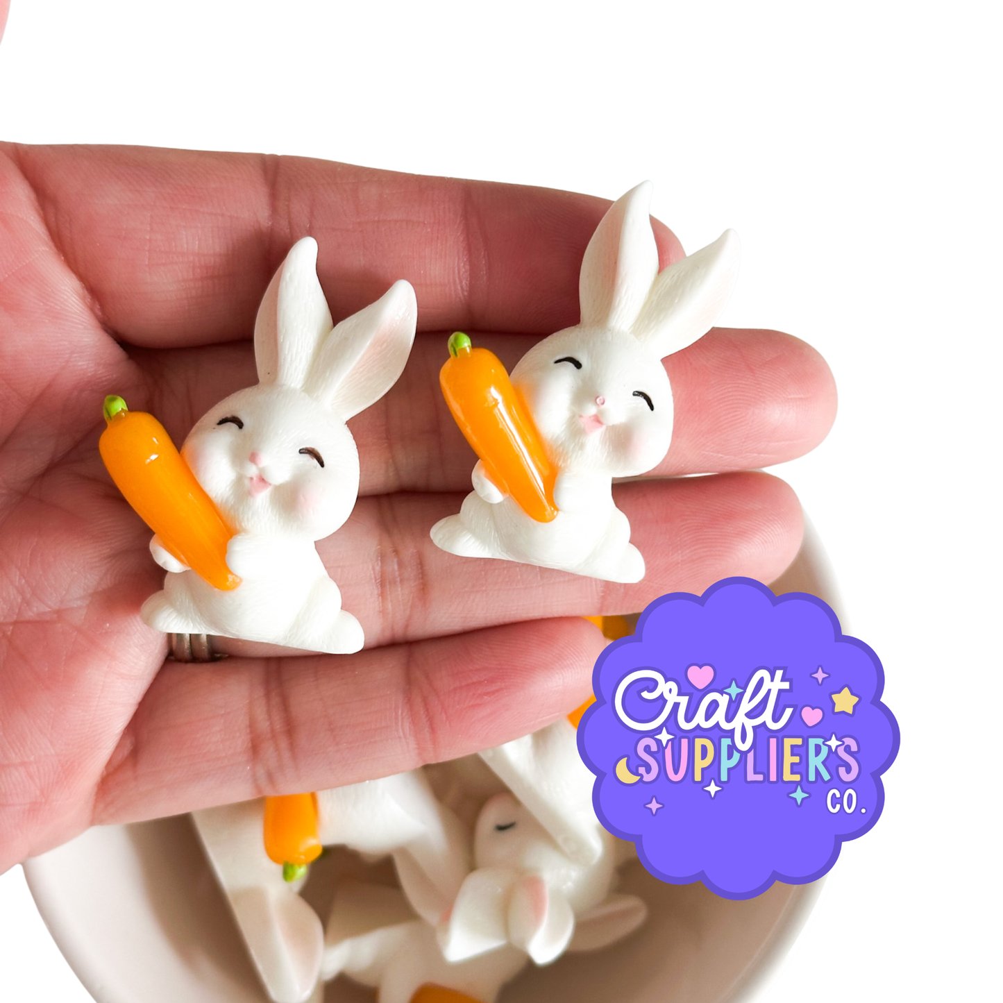 Smiling Bunny with Carrot Resin Flatback Charms | Kawaii Easter Rabbit | 5 Pieces | 40mm
