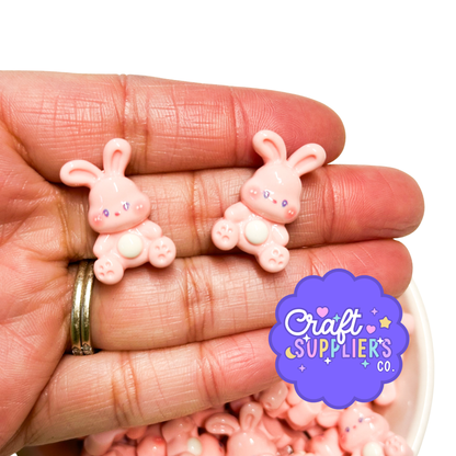 Cute Pink Sitting Bunny Resin Flatback Cabochons – Kawaii Rabbit Embellishments – Easter Craft Supplies – 4 Pieces – 1 Inch