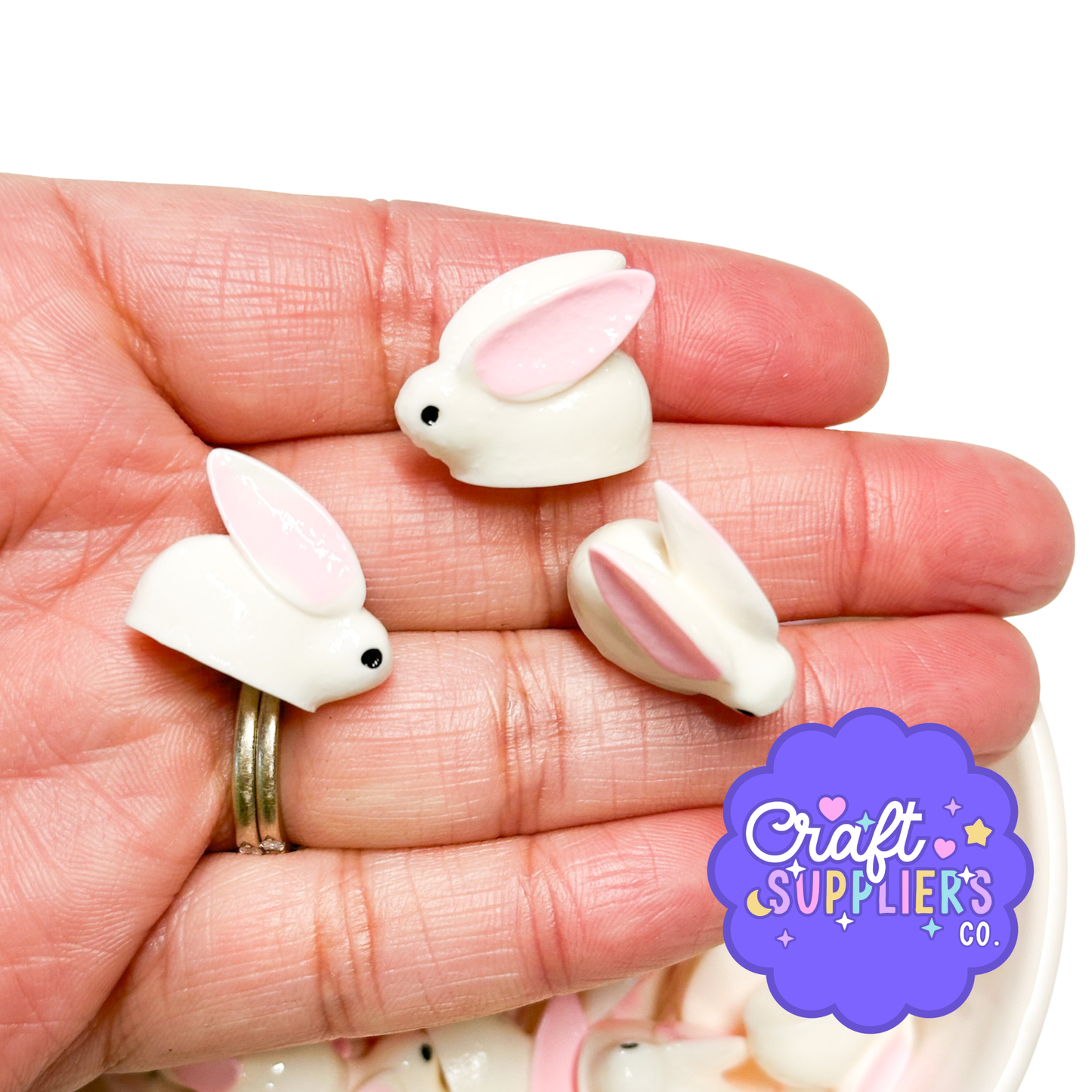 3D Resin Bunny Cabochons – White Pink Rabbit Flat Bottom Charms – Easter Craft Embellishments – Set of 4