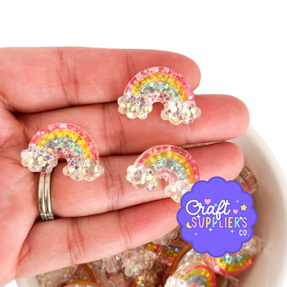 Glitter Rainbow Resin Cabochons, Sparkly Flatback Embellishments (4pc)