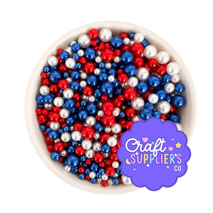 Patriotic Faux Pearl Acrylic Bead Mix (No Holes) – Red, White & Blue 4/6/8mm Pearl Embellishments – Decoden & DIY Crafts