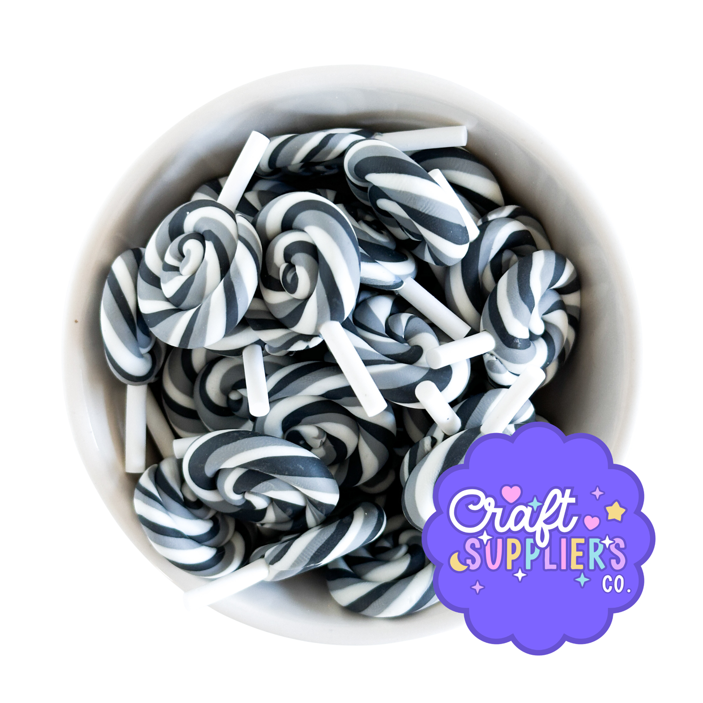 Faux Lollipop Charms – Black, Gray & White Polymer Clay Candy Embellishments