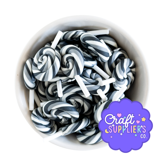 Faux Lollipop Charms – Black, Gray & White Polymer Clay Candy Embellishments