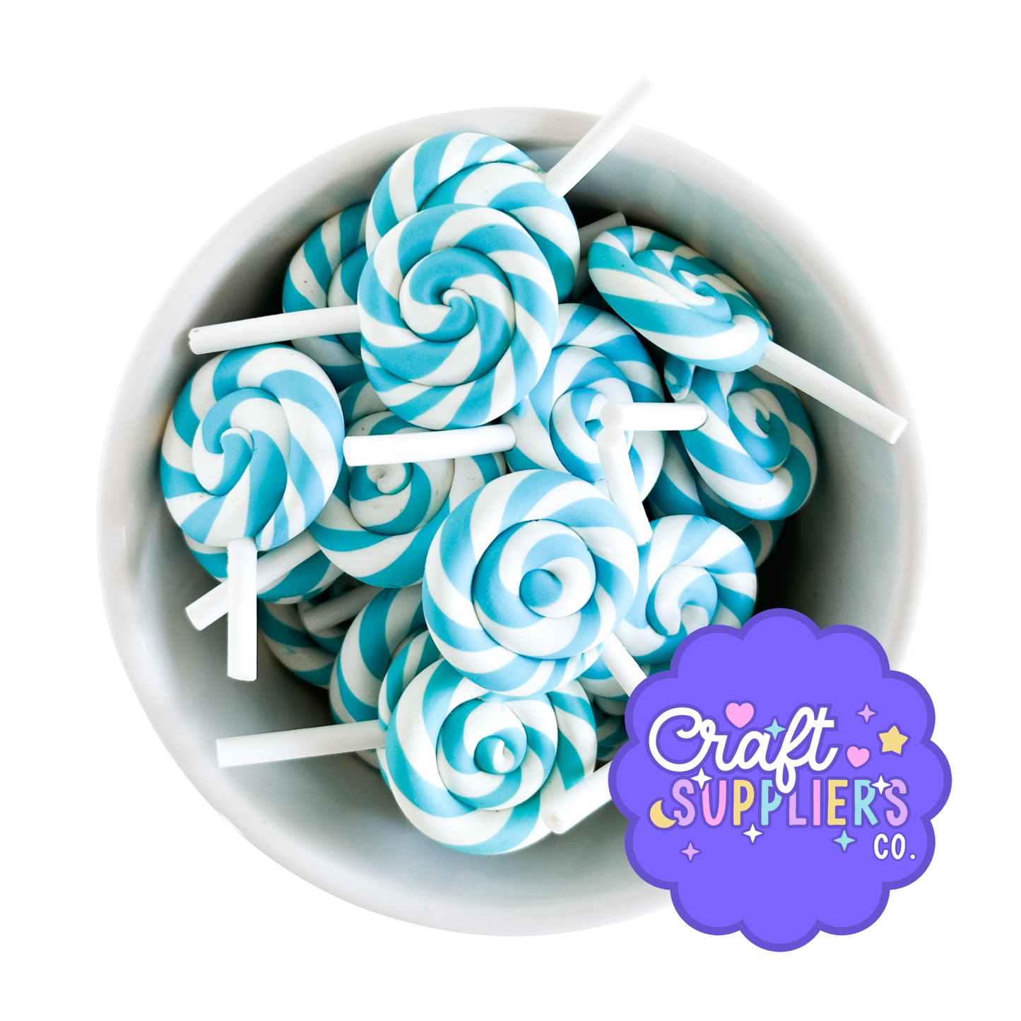 Faux Polymer Clay Lollipop Charms – Blue & White Swirl Mini Candy Embellishments