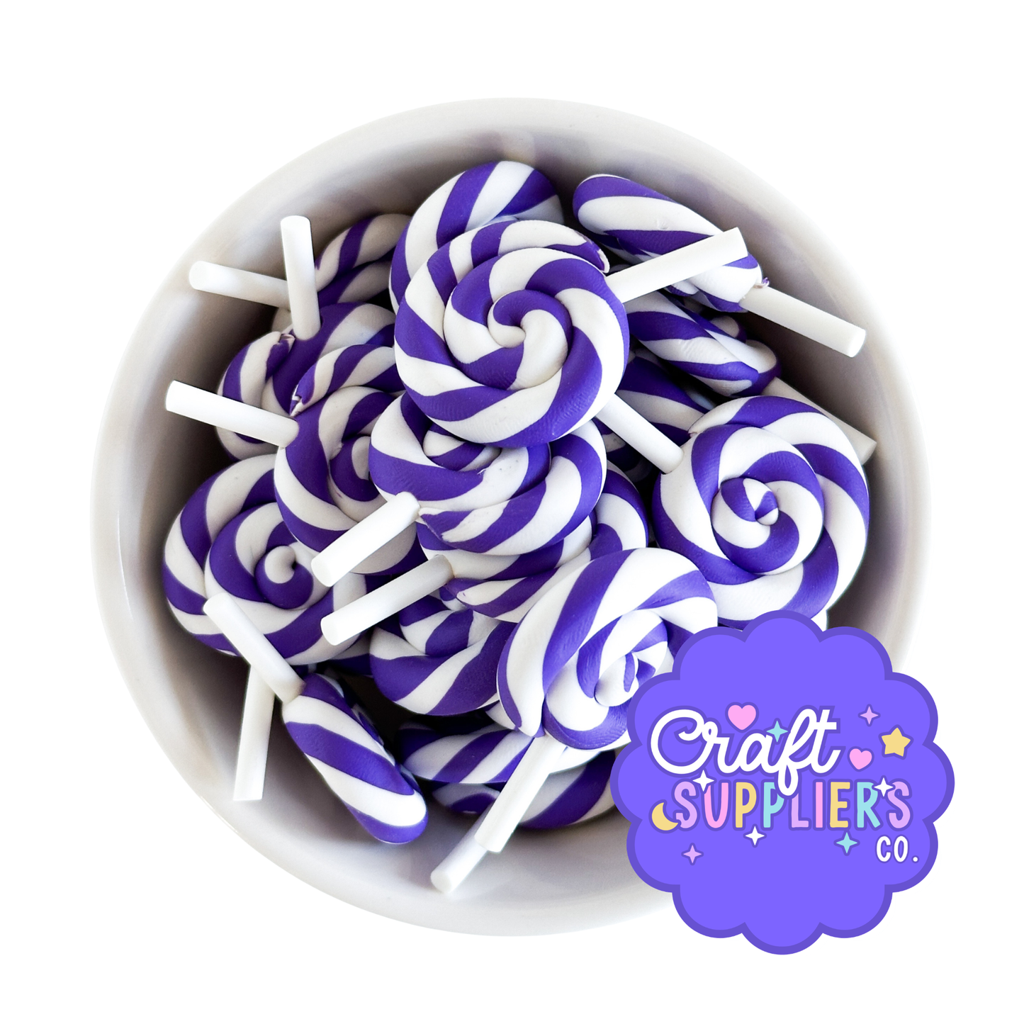 Faux Purple & White Swirl Lollipop Charms – Polymer Clay Candy Embellishments