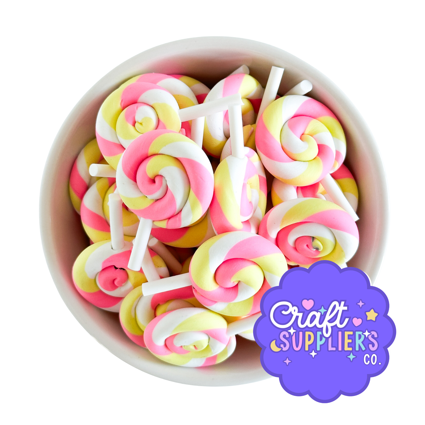 Pastel Pink, Yellow & White Swirl Resin Lollipop Charms | Fake Candy Cabochons