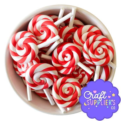 Red & White Swirl Faux Lollipops Set of 3 | Polymer Clay Candy Charms