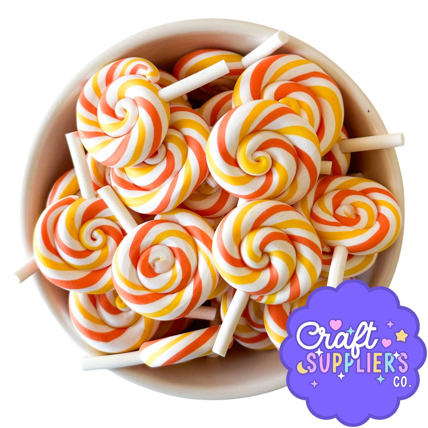 Orange Yellow Swirl Faux Lollipops Set of 3 | Polymer Clay Candy Charms