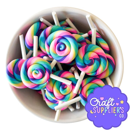 Rainbow Swirl Faux Lollipops Set of 3 | Polymer Clay Candy Charms