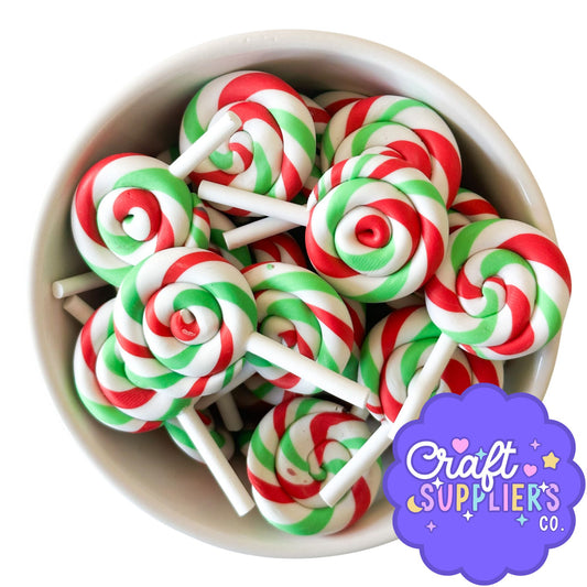 Christmas Swirl Lollipop Charms Set of 3 | Polymer Clay Faux Candy Embellishments