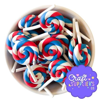 Patriotic Swirl Lollipop Charms Set of 3 | Faux Candy Polymer Clay Embellishments