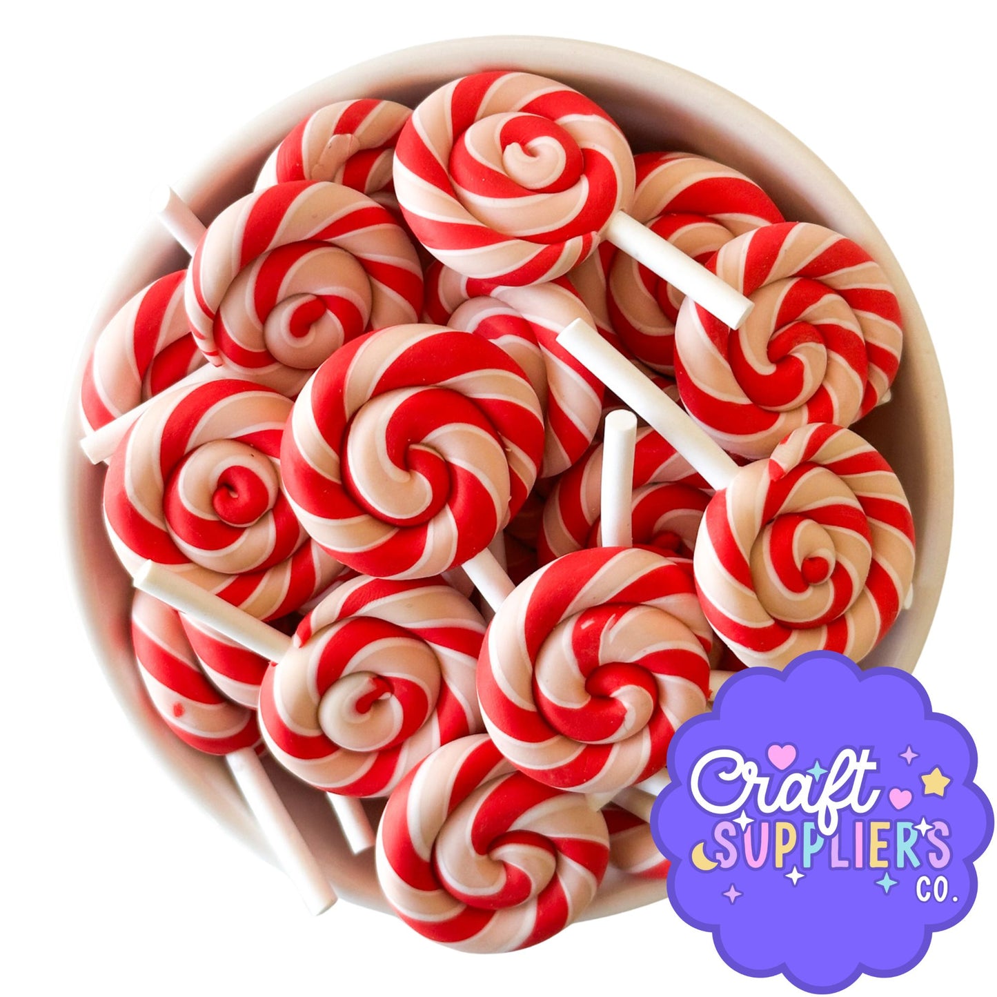 Red & Cream Swirl Lollipop Charms Set of 3 | Faux Candy Embellishments