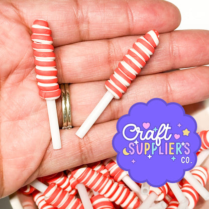 Red & White Swirl Lollipop Resin Cabochons | Candy Flatback Embellishments