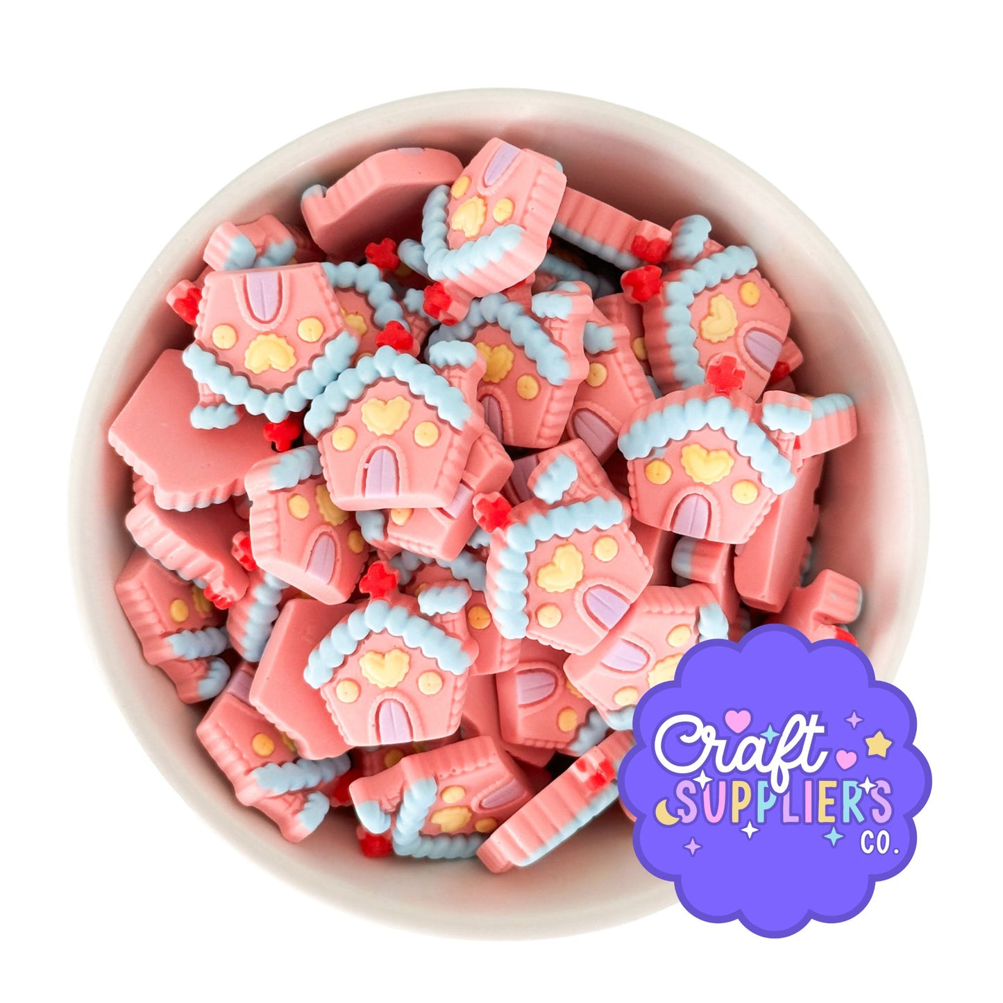 Pink Gingerbread House Resin Cabochons Set of 4 | Flatback Candy Embellishments