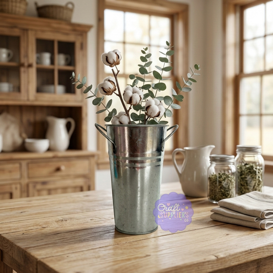 Galvanized Metal Farmhouse Vase with Handles | Rustic Bucket Vase