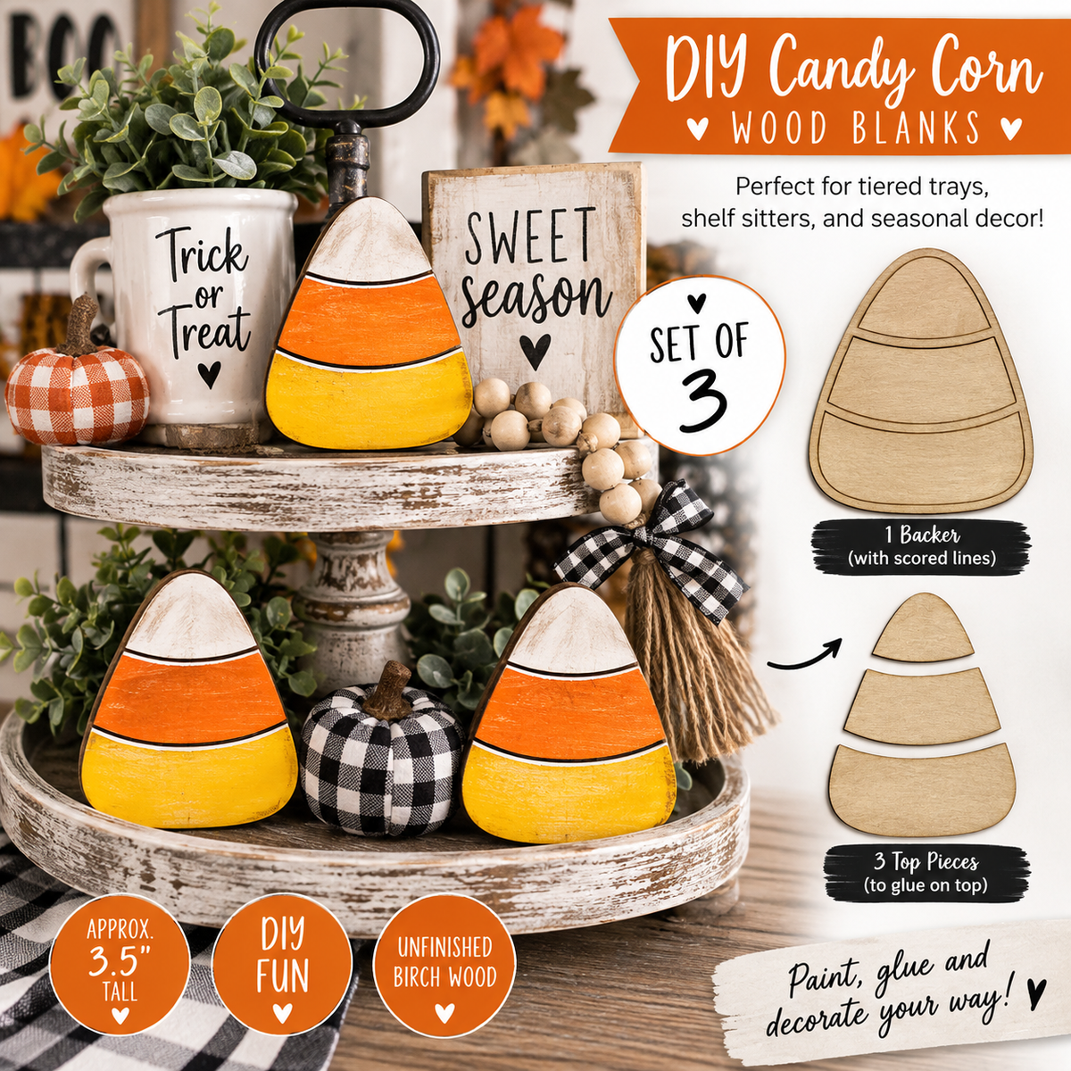 DIY Candy Corn Wood Blanks, Halloween Wood Cutouts, Tiered Tray Craft, Unfinished Birch Wood, Fall DIY Craft Kit, Set of 3