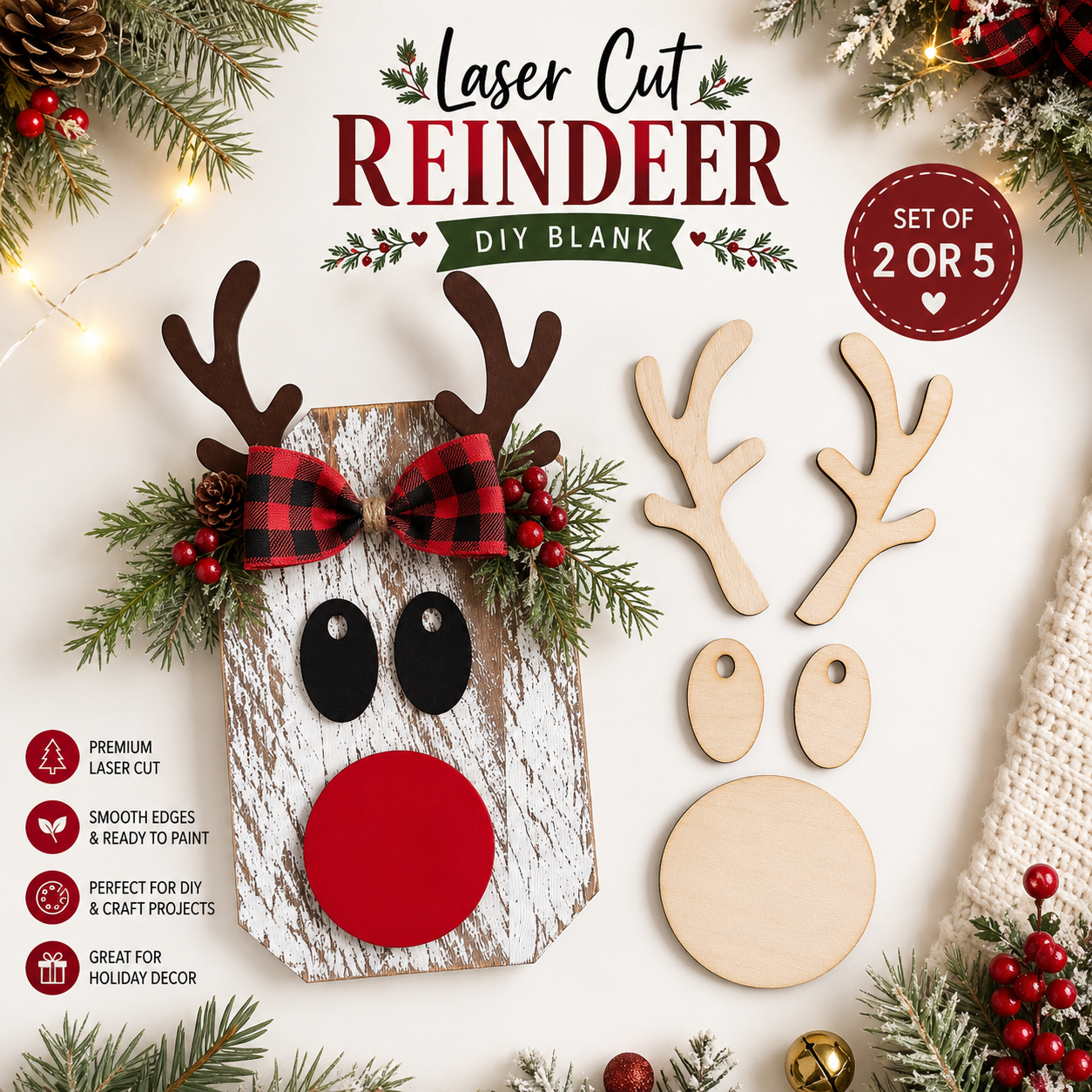 Laser Cut Reindeer Face Blanks – Set of 2 or 5  – Reindeer Antlers & Face Shapes – Christmas Wood Cutouts for Crafts