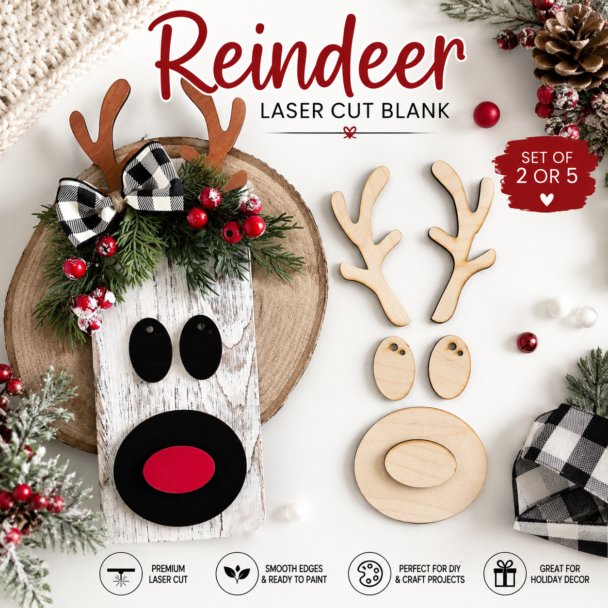 Laser Cut Reindeer Face Blanks – Set of 2 or 5  – Reindeer Antlers & Face Shapes – Christmas Wood Cutouts for Crafts