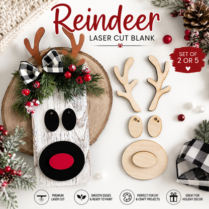 Laser Cut Reindeer Face Blanks – Set of 2 or 5  – Reindeer Antlers & Face Shapes – Christmas Wood Cutouts for Crafts
