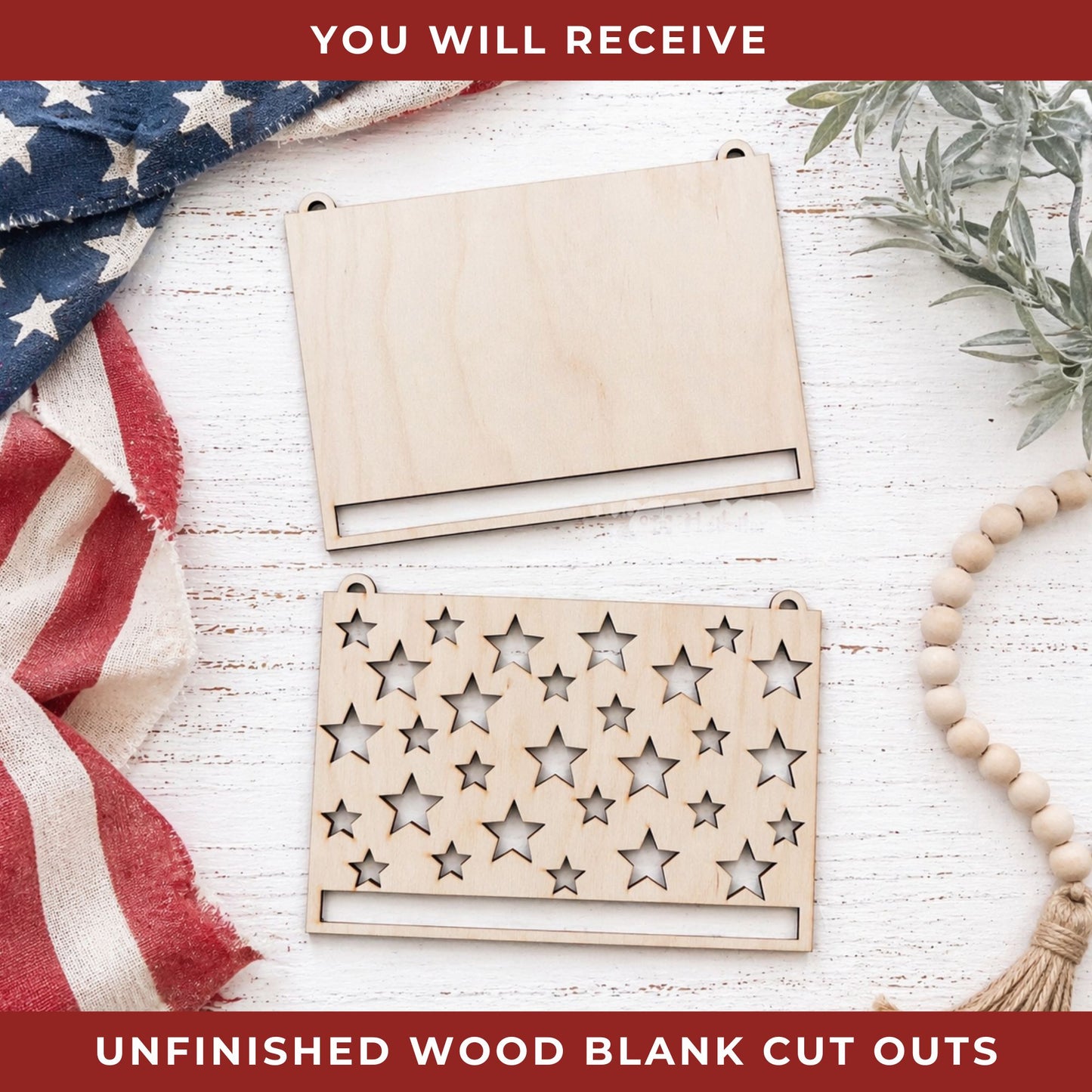 DIY Rag Flag Wood Cutout Blank | Unfinished Patriotic Wood Craft | Farmhouse Flag DIY