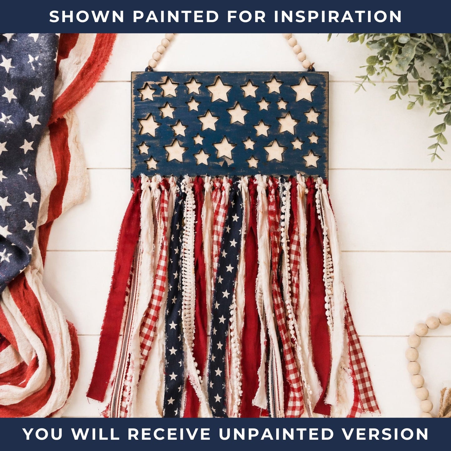 DIY Rag Flag Wood Cutout Blank | Unfinished Patriotic Wood Craft | Farmhouse Flag DIY