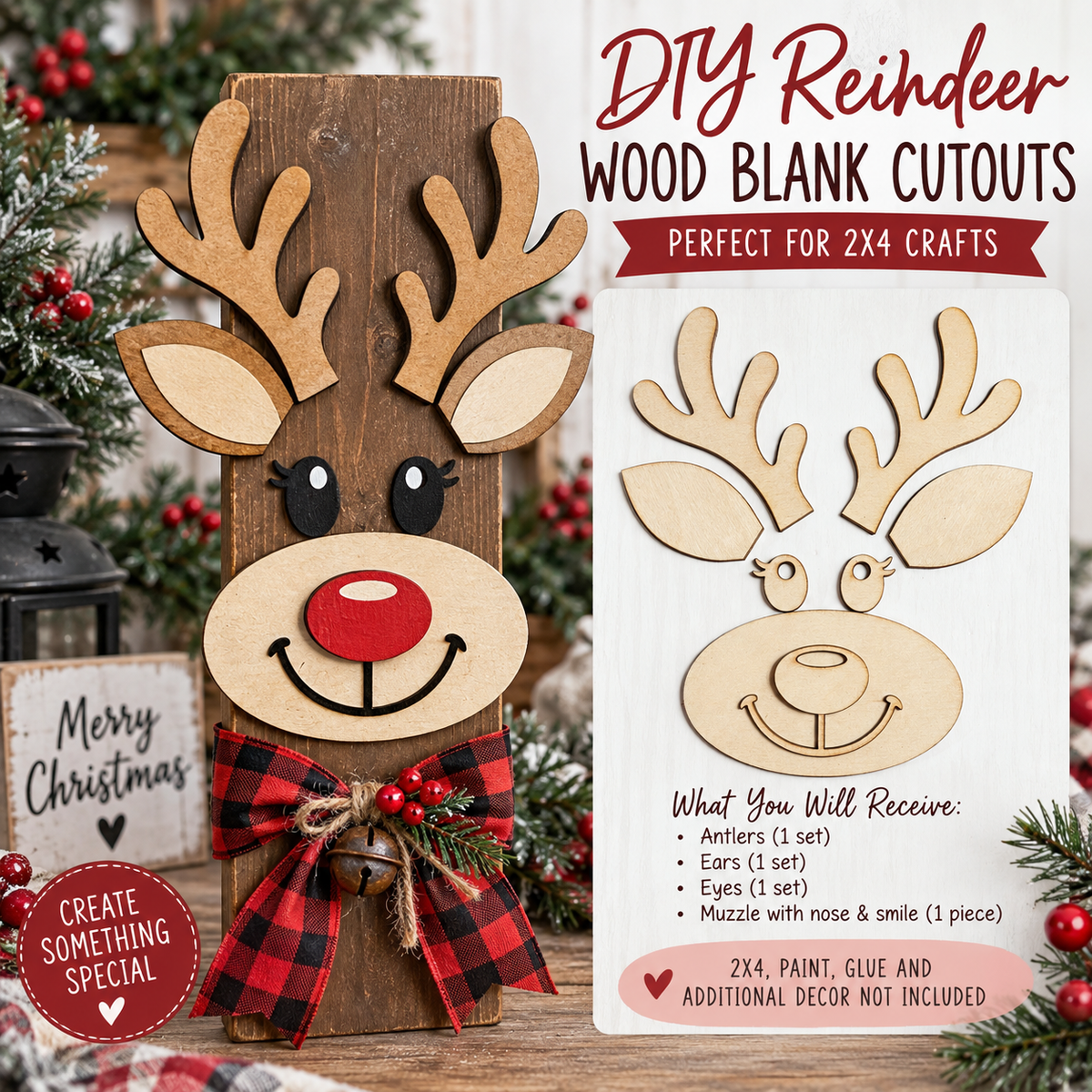 DIY Reindeer Wood Blanks for 2x4, Christmas Wood Cutouts, Unfinished Birch Craft Kit, Reindeer Paint Party DIY, Sets of 6 12 24 36