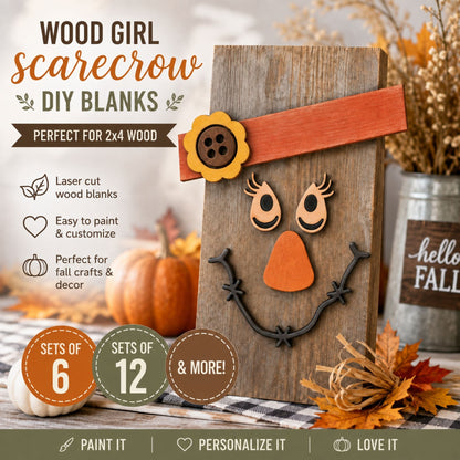 Girl Scarecrow Wood Blanks | DIY 2x4 Fall Craft Kit | Birch Wood Scarecrow Face | Paint Party Craft | Unfinished Fall Decor