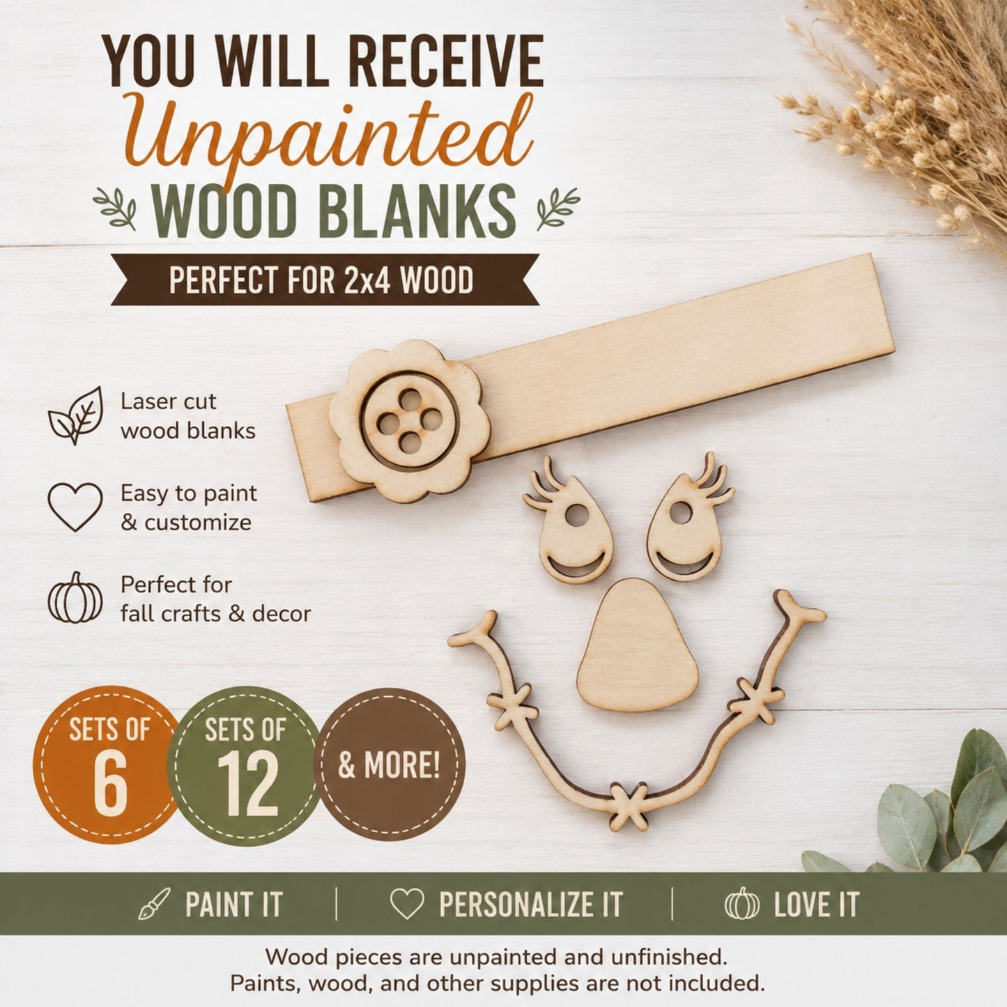 Girl Scarecrow Wood Blanks | DIY 2x4 Fall Craft Kit | Birch Wood Scarecrow Face | Paint Party Craft | Unfinished Fall Decor