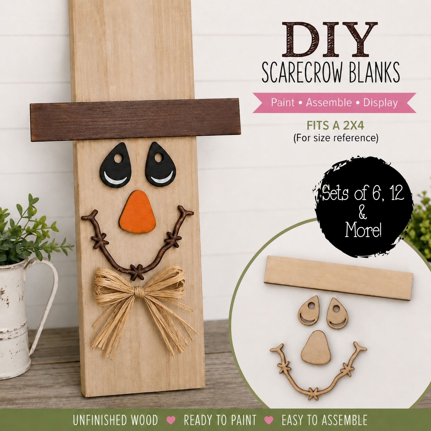 DIY Scarecrow Wood Blanks | 2x4 Fall Craft Kit | Birch Wood Scarecrow Face | Paint Party Craft | Unfinished Wood Fall Decor