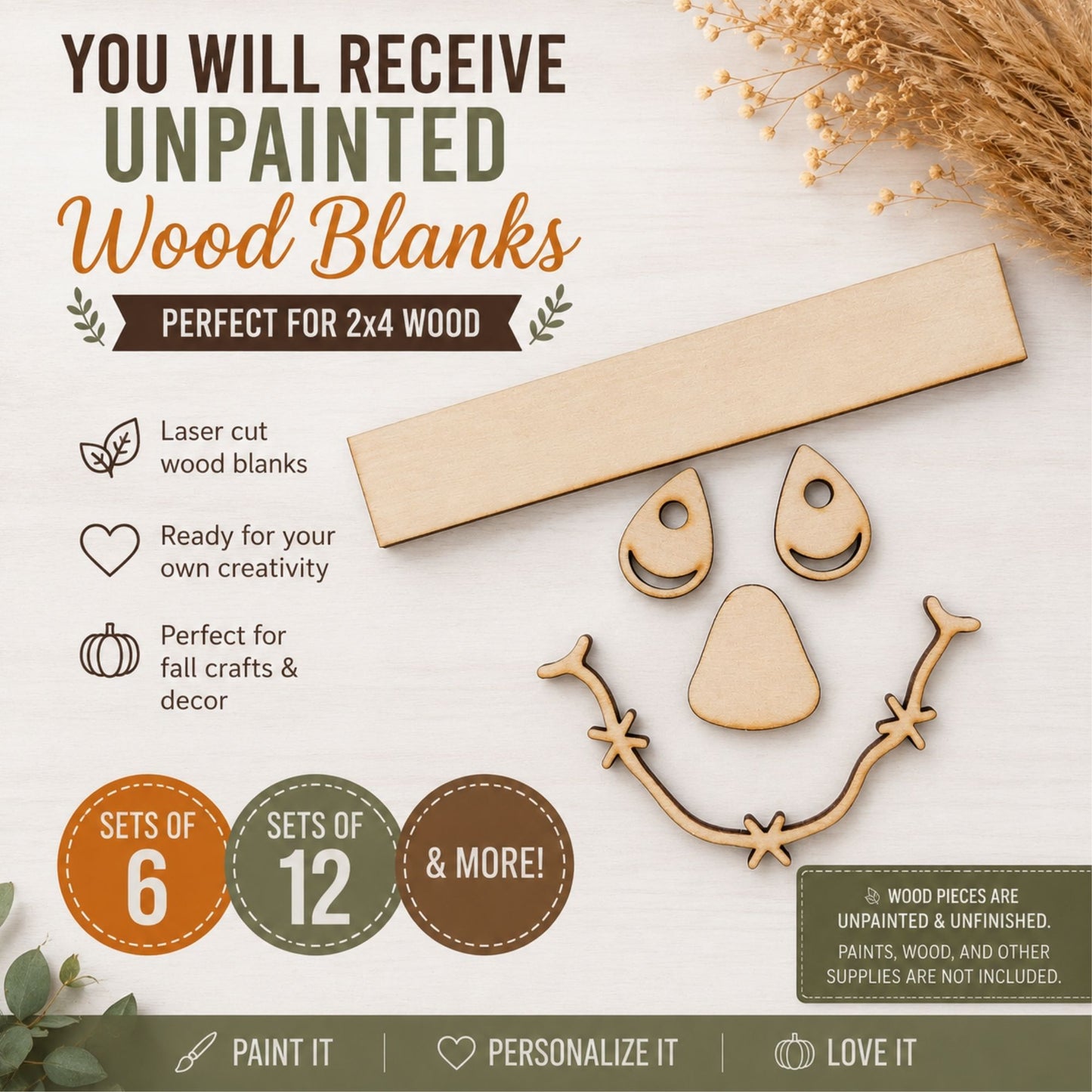 DIY Scarecrow Wood Blanks | 2x4 Fall Craft Kit | Birch Wood Scarecrow Face | Paint Party Craft | Unfinished Wood Fall Decor