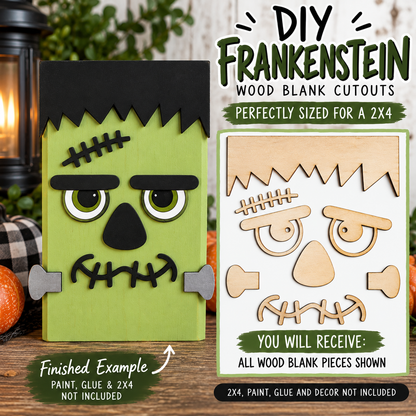 DIY Frankenstein Wood Blanks for 2x4, Halloween Wood Cutouts, Unfinished Birch Craft Kit, Frankenstein Face Pieces, Sets of 6-36