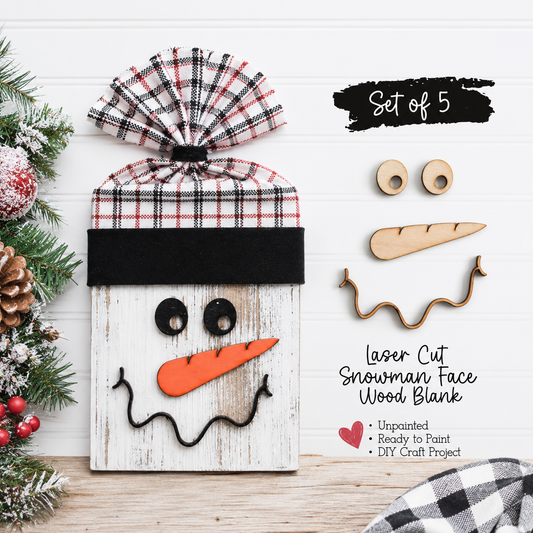 Laser Cut Snowman Face Blanks – Set of 5 – DIY Christmas Craft Kit – 1/8" Wood Cutouts for 2x4 Projects – Rustic Holiday Snowman Decor