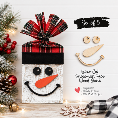 Laser Cut Snowman Face Blanks – Set of 5 – DIY Christmas Craft Kit – 1/8" Wood Cutouts for 2x4 Projects – Rustic Holiday Snowman Decor