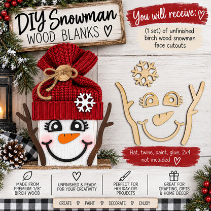 Snowman Wood Blanks for 2x4, DIY Christmas Wood Cutouts, Unfinished Birch Craft Kit, Holiday Paint Party